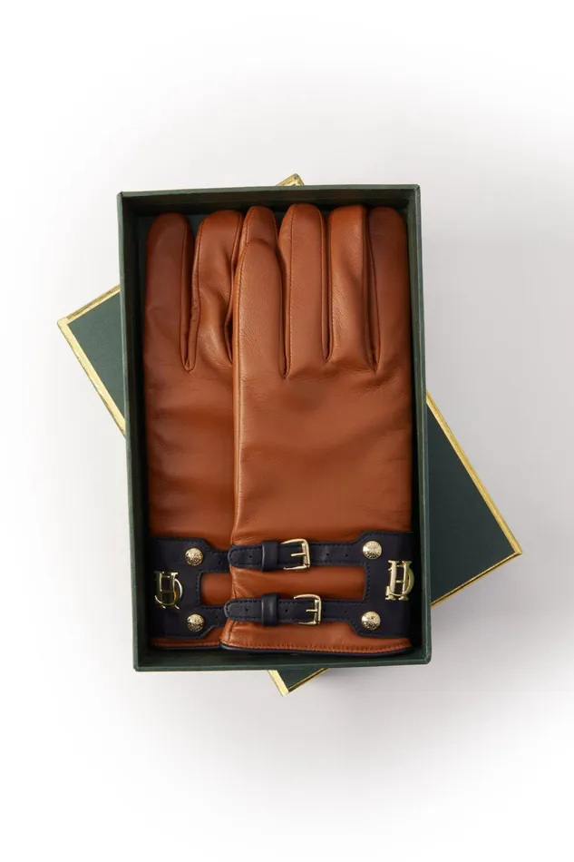 Holland Cooper Gloves Contrast Leather Gloves Tan Ink Navy 8211 Women