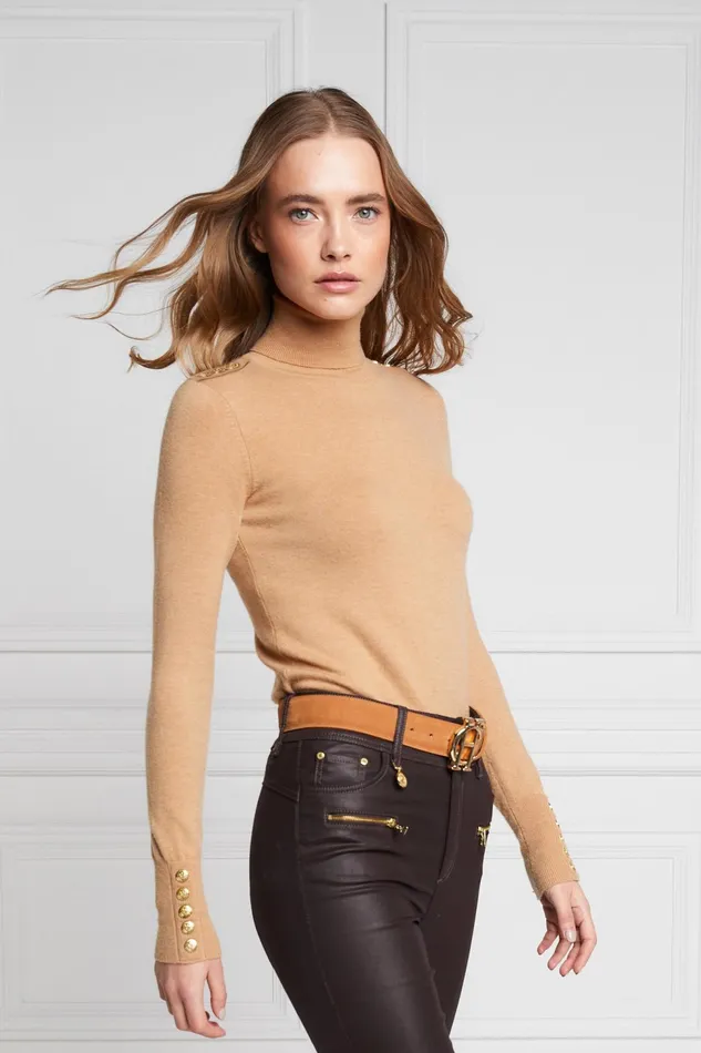 Holland Cooper Knitwear Buttoned Knit Roll Neck Dark Camel 8211 Women Holland Cooper Knitwear Buttoned Knit Roll Neck Dark Camel 8211 Women