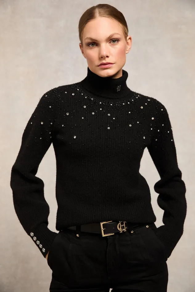 Holland Cooper Knitwear Kelsie Rib Embellished Roll Neck Black 8211 Women