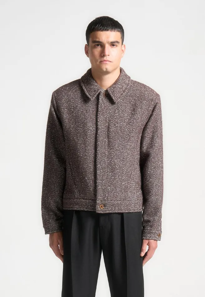 Jackets Men Manire De Voir Boxy Herringbone Wool Blend Jacket Brown