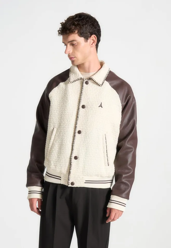 Jackets Men Manire De Voir Tweed and Leather Varsity Jacket Creambrown