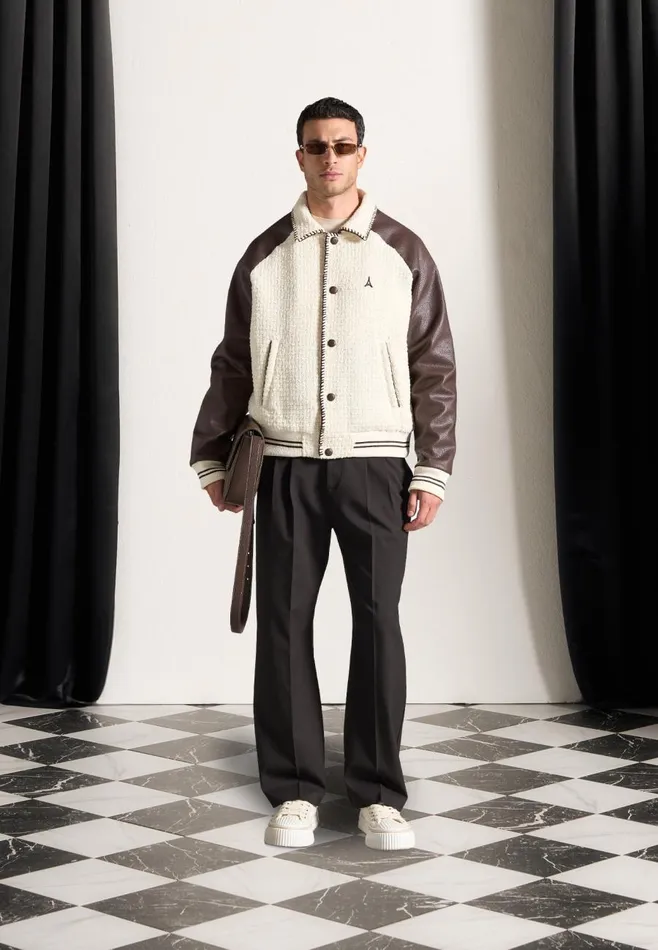 Jackets Men Manire De Voir Tweed and Leather Varsity Jacket Creambrown