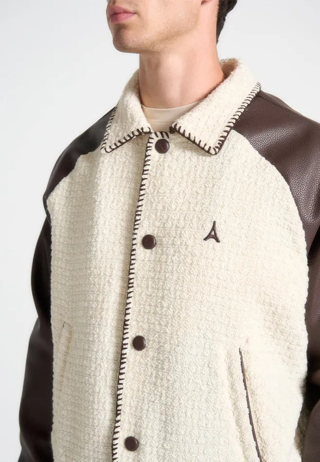 Jackets Men Manire De Voir Tweed and Leather Varsity Jacket Creambrown