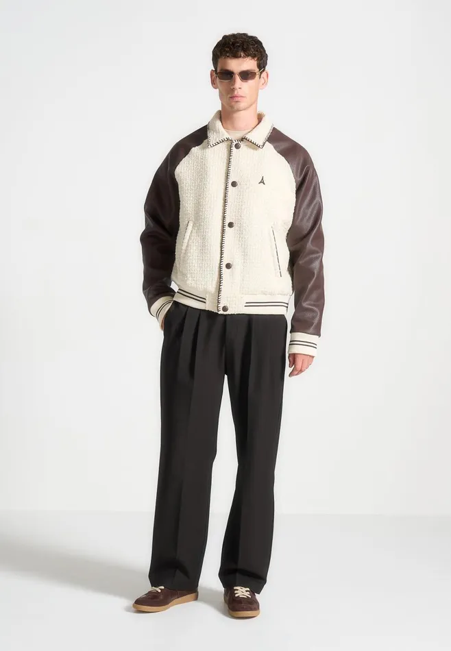 Jackets Men Manire De Voir Tweed and Leather Varsity Jacket Creambrown
