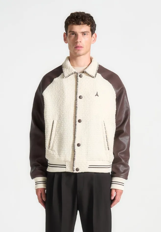 Jackets Men Manire De Voir Tweed and Leather Varsity Jacket Creambrown
