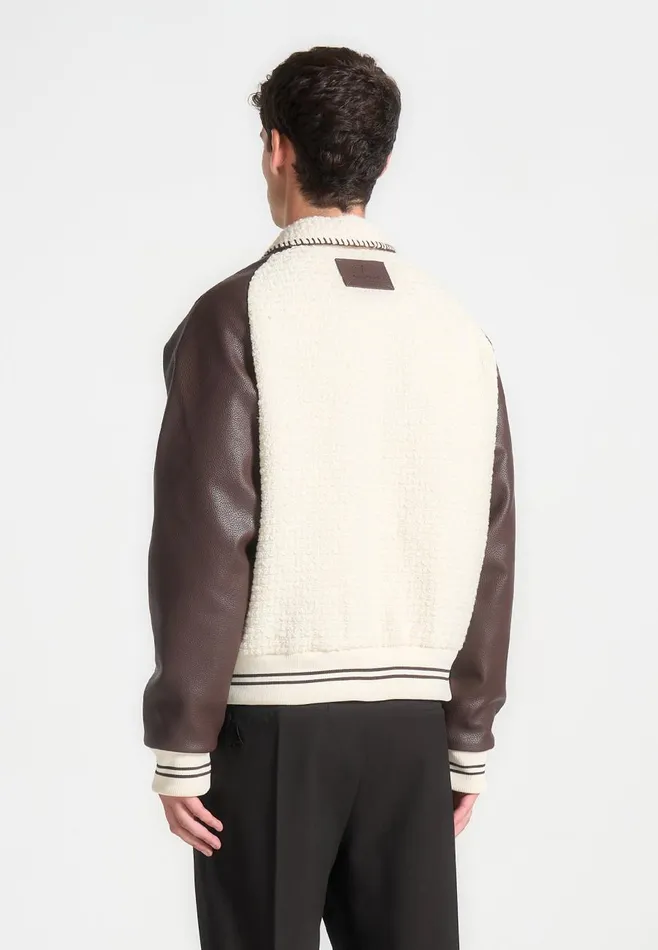 Jackets Men Manire De Voir Tweed and Leather Varsity Jacket Creambrown