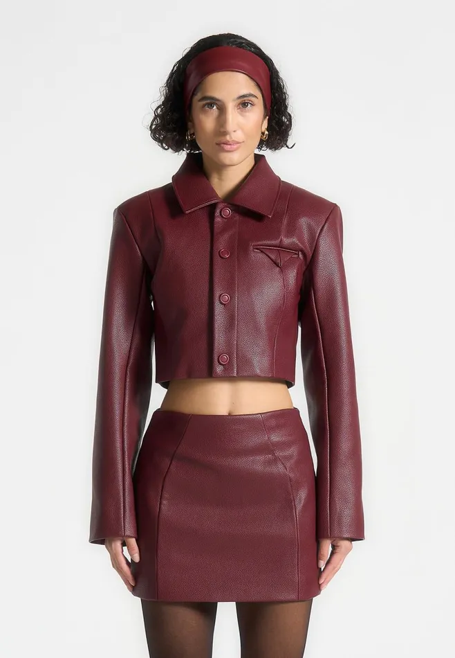 Jackets Women Manire De Voir Wide Shoulder Pebbled Leather Jacket Wine Red