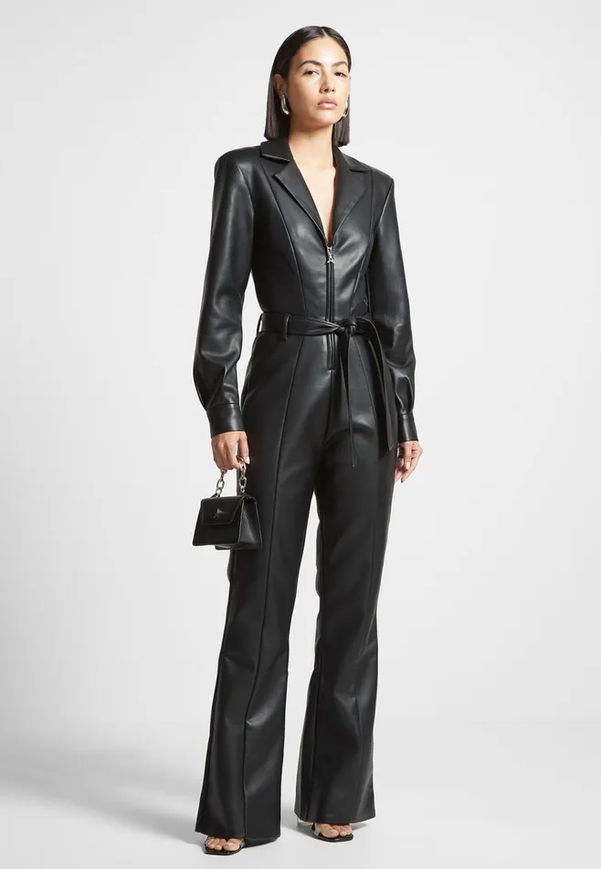 Jumpsuits Women Manire De Voir Leather Fit And Flare Belted Jumpsuit Black