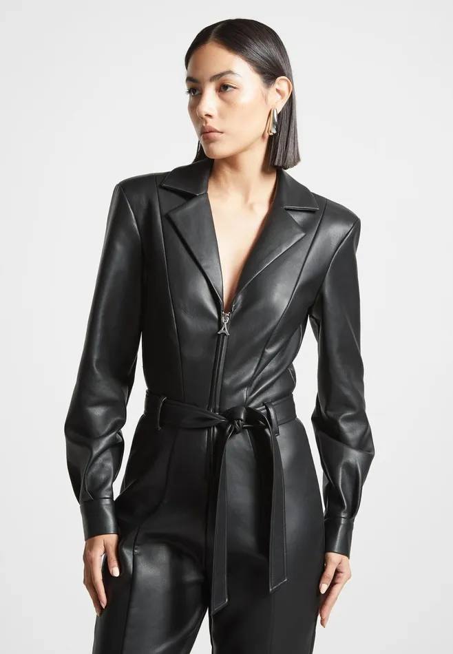 Jumpsuits Women Manire De Voir Leather Fit And Flare Belted Jumpsuit Black