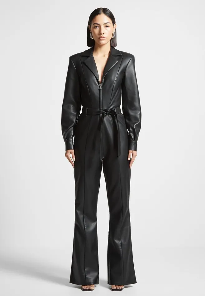 Jumpsuits Women Manire De Voir Leather Fit And Flare Belted Jumpsuit Black