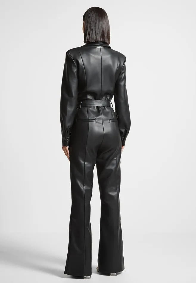 Jumpsuits Women Manire De Voir Leather Fit And Flare Belted Jumpsuit Black