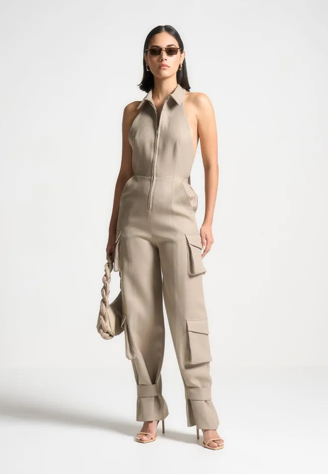 Jumpsuits Women Manire De Voir Tailored Halterneck Cargo Jumpsuit Beige