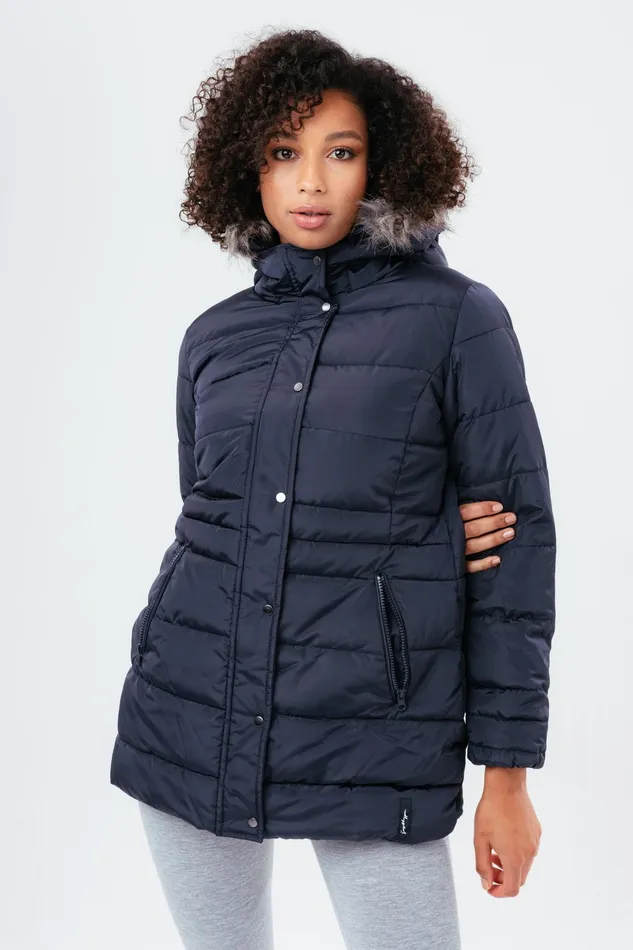 Just Hype Coats and Jackets Hype Navy Mid Length Women039S Padded Coat With Fur