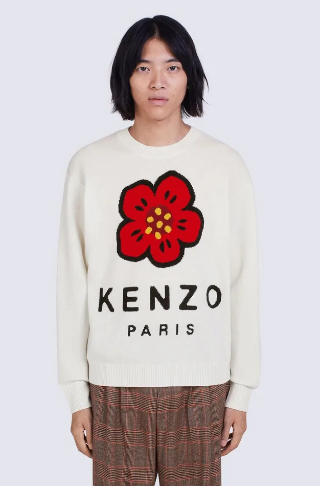 Kenzo Knitwear Men 039BOKE FLOWER039 Merino Wool Jumper Off White