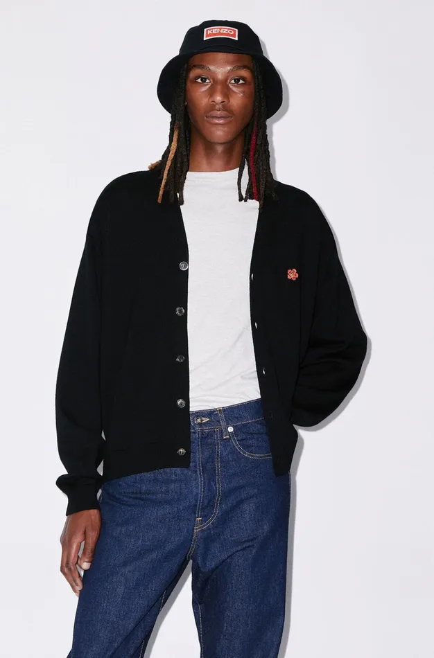Kenzo Knitwear Men 039BOKE FLOWER039 Wool Cardigan Black
