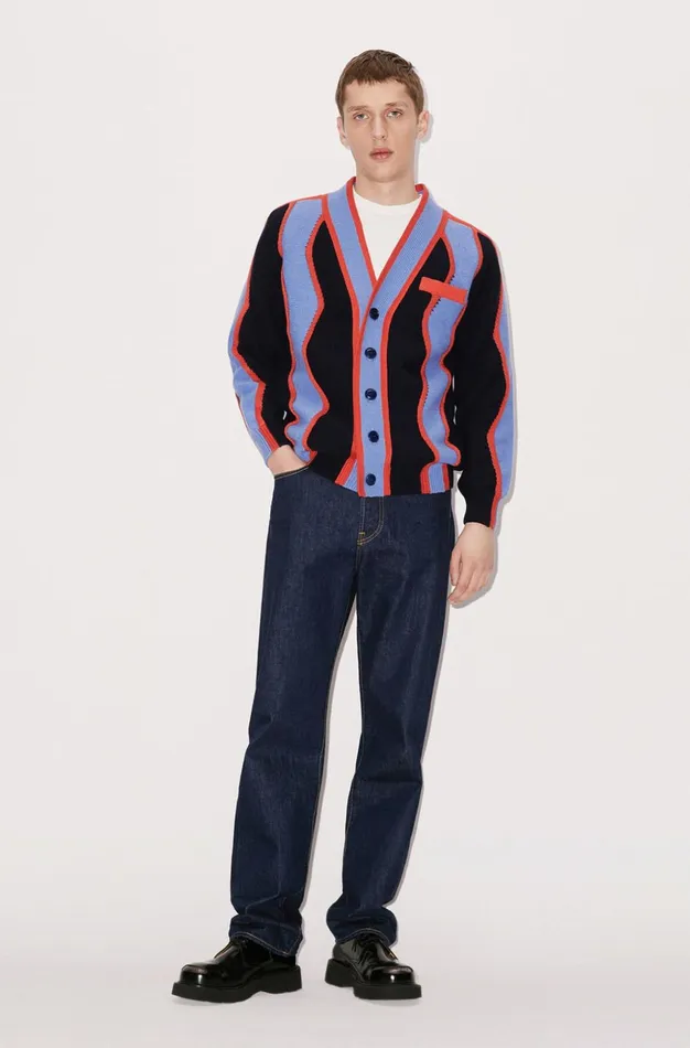 Kenzo Knitwear Men 039Wavy Stripe039 Wool Cardigan Midnight Blue