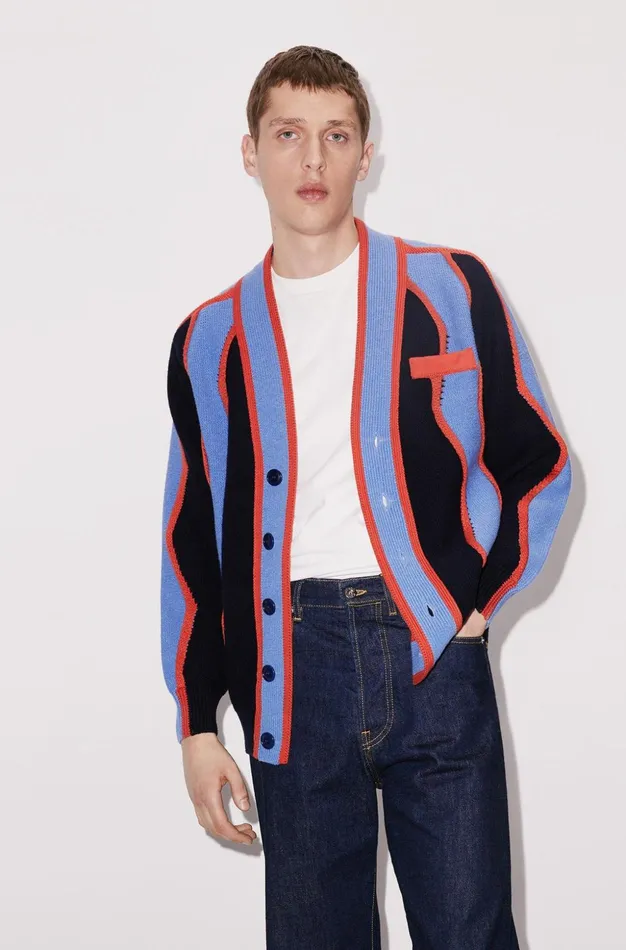 Kenzo Knitwear Men 039Wavy Stripe039 Wool Cardigan Midnight Blue