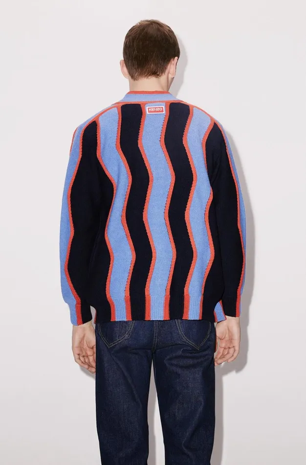 Kenzo Knitwear Men 039Wavy Stripe039 Wool Cardigan Midnight Blue