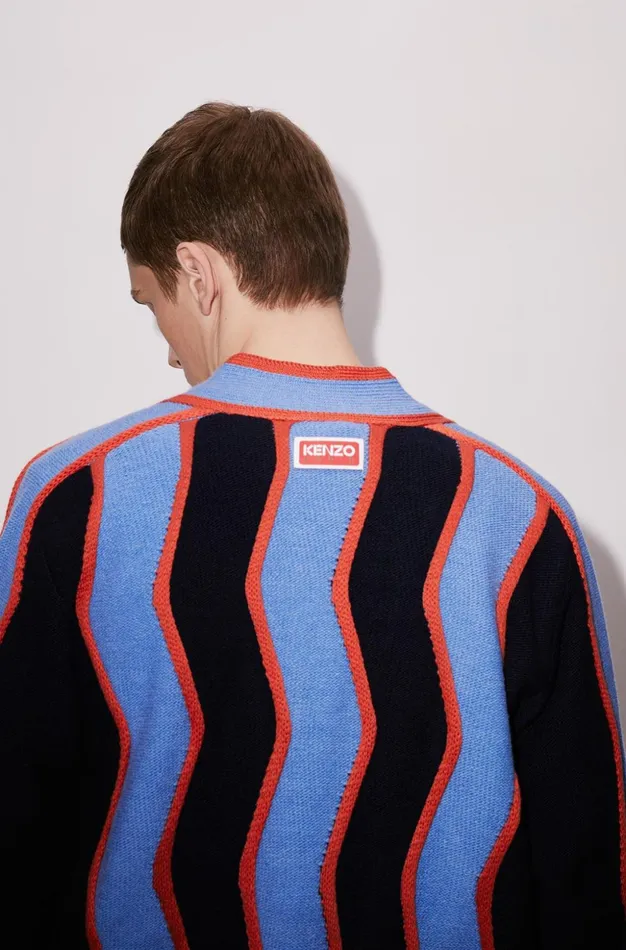 Kenzo Knitwear Men 039Wavy Stripe039 Wool Cardigan Midnight Blue