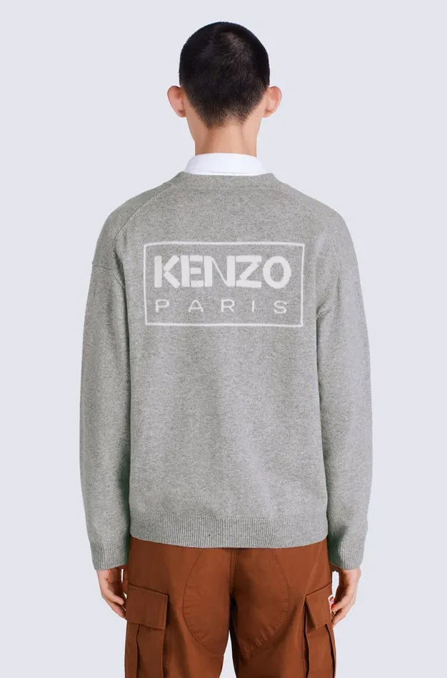 Kenzo Knitwear Men KENZO Paris Merino Wool Cardigan Misty Grey