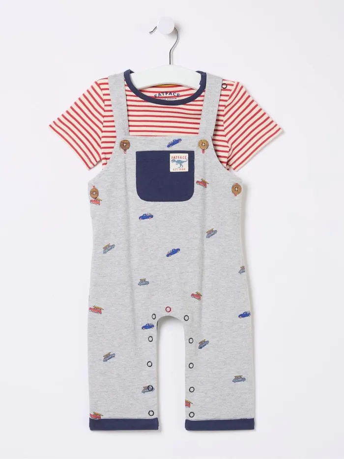 Kids Jumpsuits and Playsuits Fat Face Grey Car Printed Jersey Dungarees Set