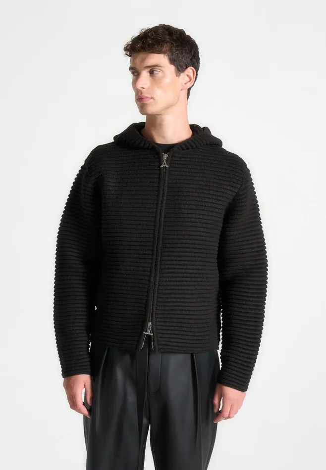 Knitwear Men Manire De Voir Ribbed Knit Zip Up Hoodie Black
