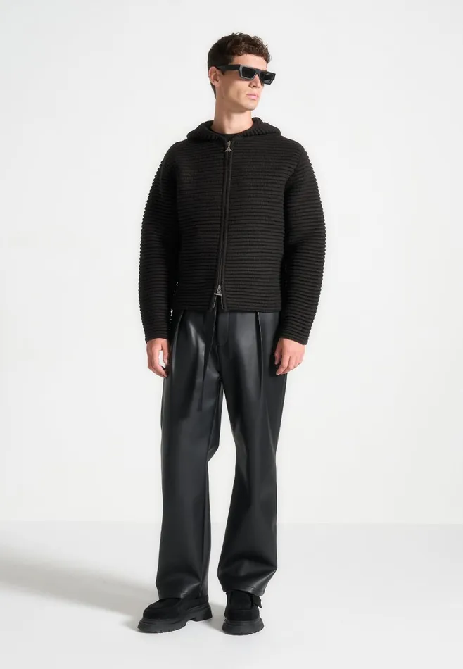 Knitwear Men Manire De Voir Ribbed Knit Zip Up Hoodie Black