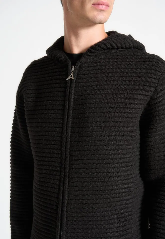 Knitwear Men Manire De Voir Ribbed Knit Zip Up Hoodie Black