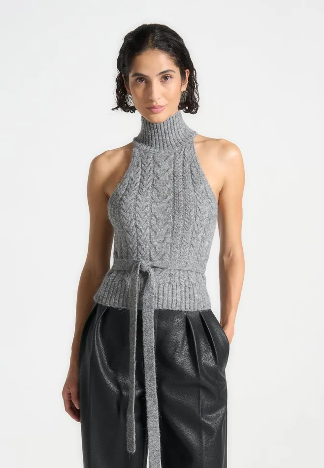 Knitwear Women Manire De Voir Halter Cable Knit Wool Top With Tie Grey