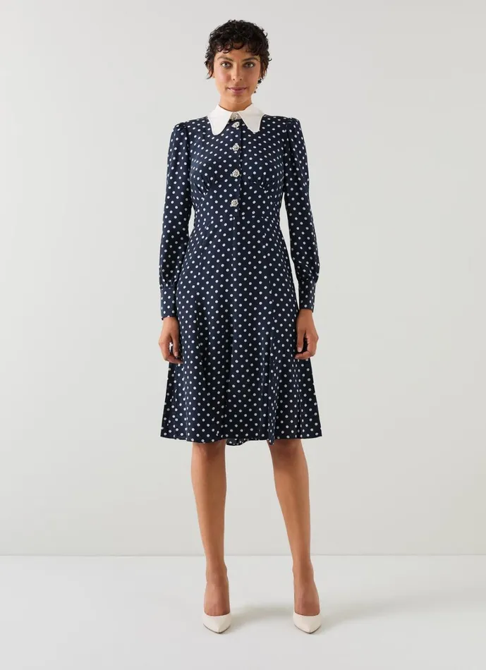 LKBennett Dresses Mathilde Navy and Cream Polka Dot Silk Tea Dress 8211 Women