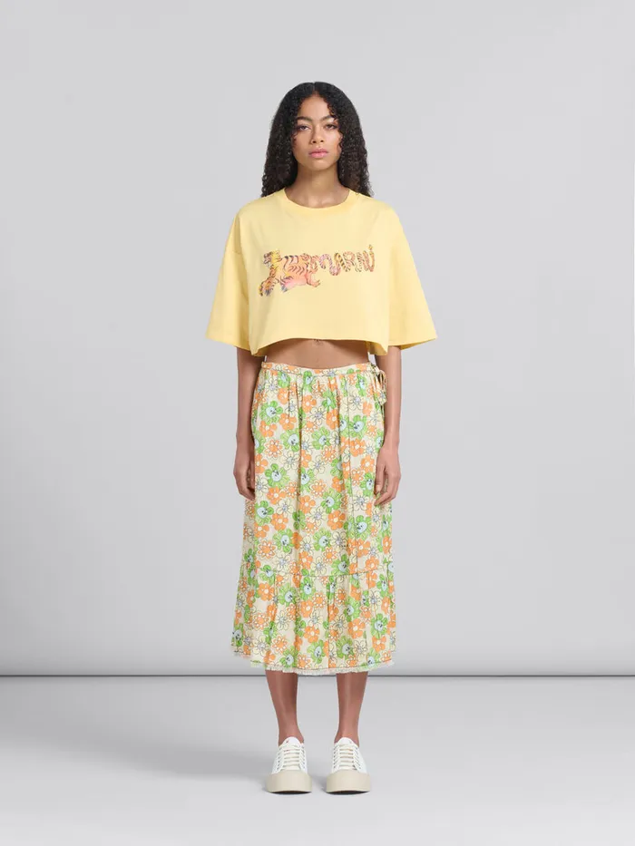 Marni Orange And Green Printed Linen Skirt With Flounce Women Skirts