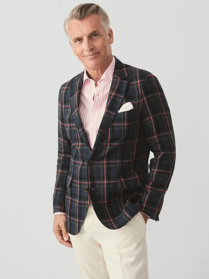 McCown Linen Sport Coat In Plaid Greennavyred Men JMcLaughlin Jackets and Outerwear