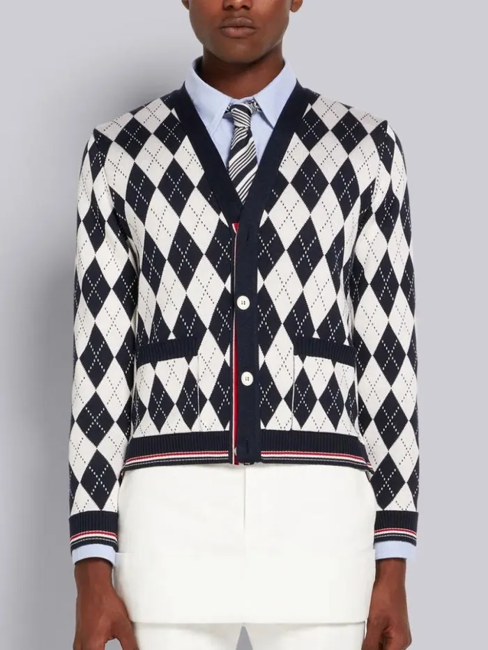 Men Argyle Cotton Silk Stripe Tipping Vneck Cardigan Navy Thom Browne Knitwear