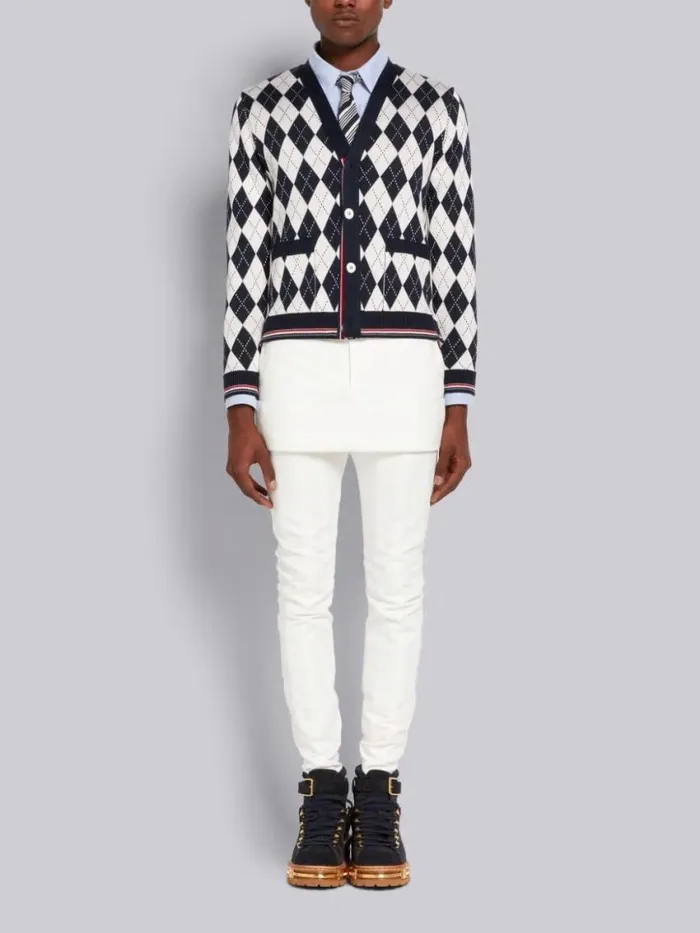 Men Argyle Cotton Silk Stripe Tipping Vneck Cardigan Navy Thom Browne Knitwear
