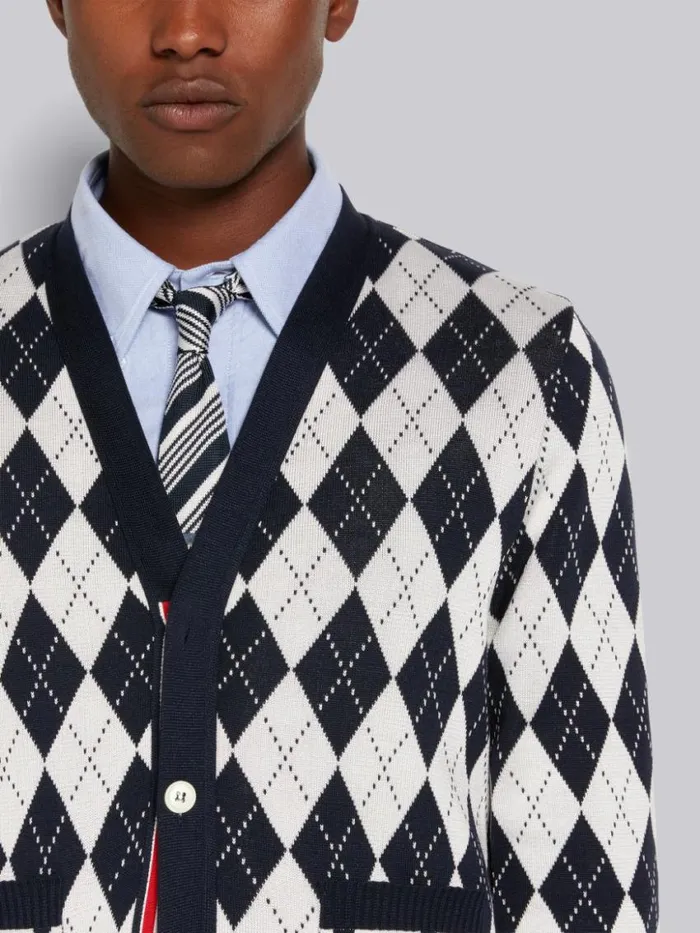 Men Argyle Cotton Silk Stripe Tipping Vneck Cardigan Navy Thom Browne Knitwear