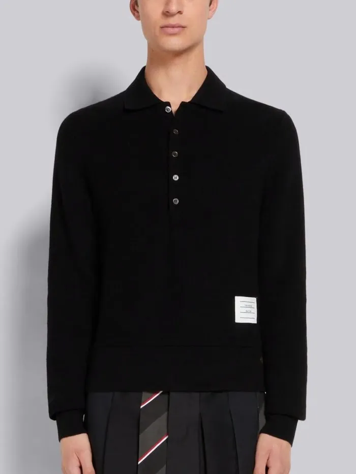 Men Cashmere Pique Long Sleeve Polo Black Thom Browne Tshirts and Polos