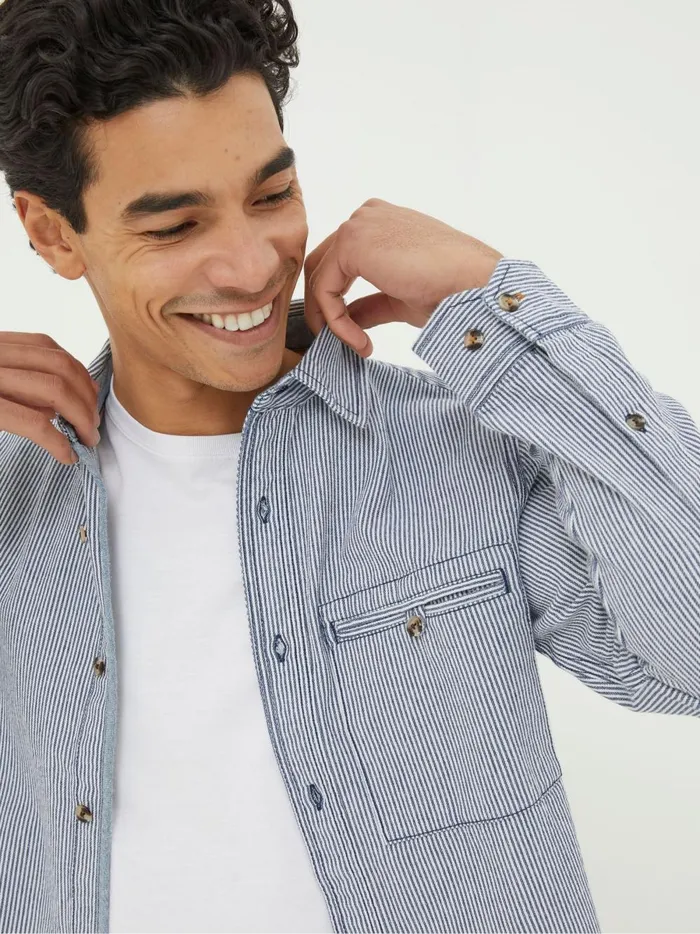 Men Coats and Jackets Fat Face Blue Long Sleeve Nacton Stripe Shirt