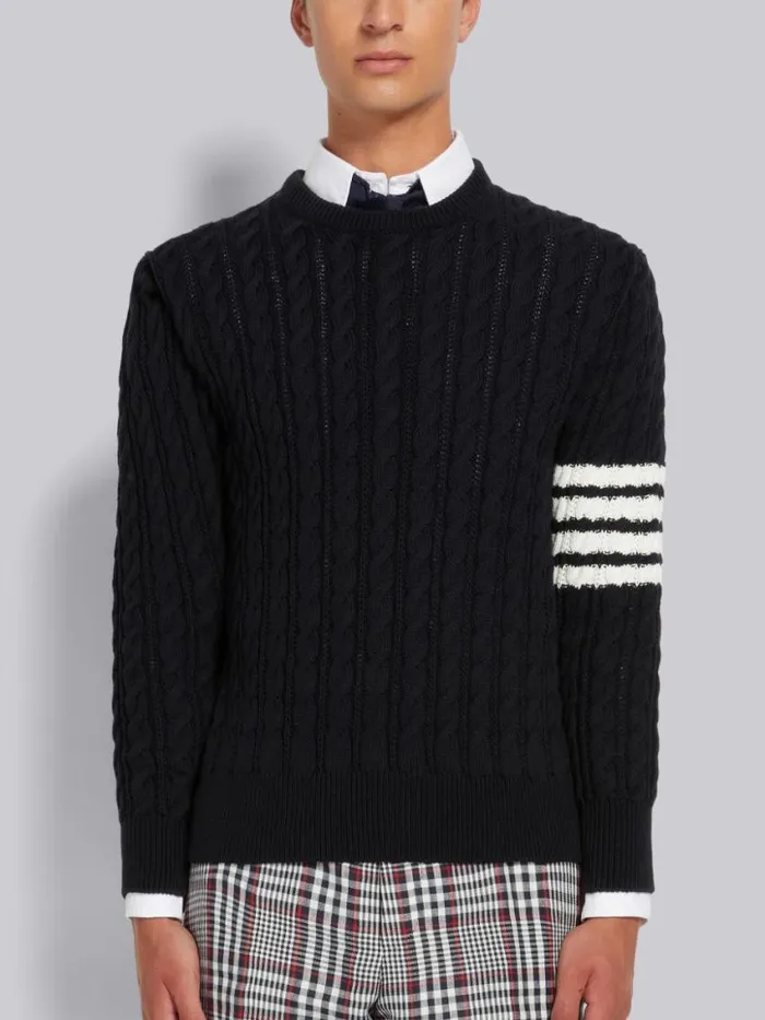 Men Cotton 4bar Cable Knit Crew Neck Pullover Navy Thom Browne Knitwear