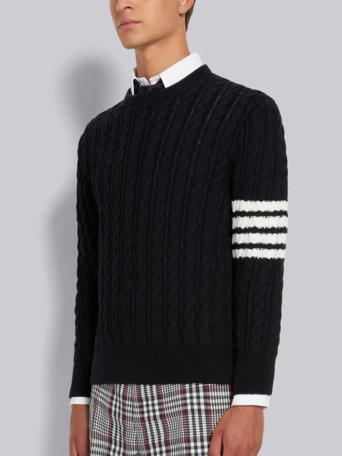 Men Cotton 4bar Cable Knit Crew Neck Pullover Navy Thom Browne Knitwear