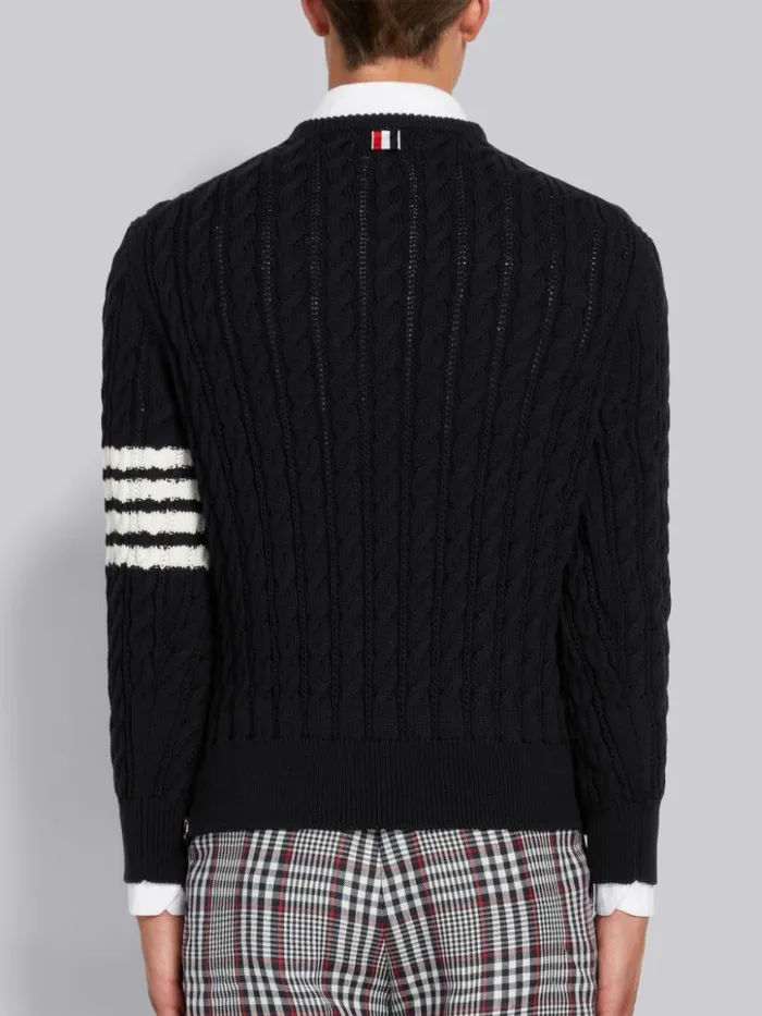 Men Cotton 4bar Cable Knit Crew Neck Pullover Navy Thom Browne Knitwear