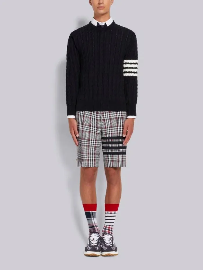 Men Cotton 4bar Cable Knit Crew Neck Pullover Navy Thom Browne Knitwear