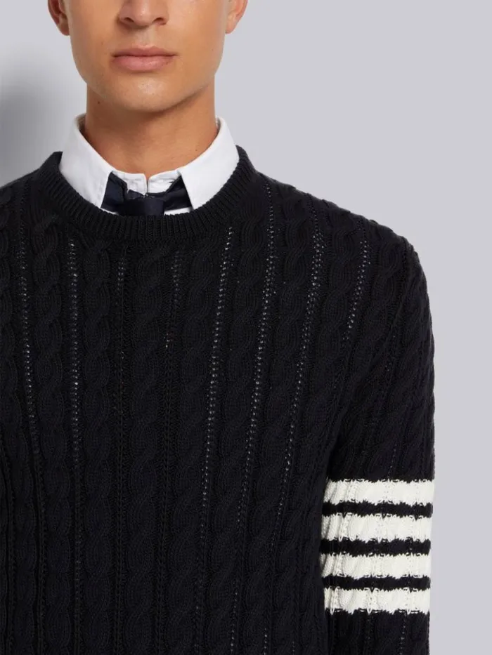 Men Cotton 4bar Cable Knit Crew Neck Pullover Navy Thom Browne Knitwear