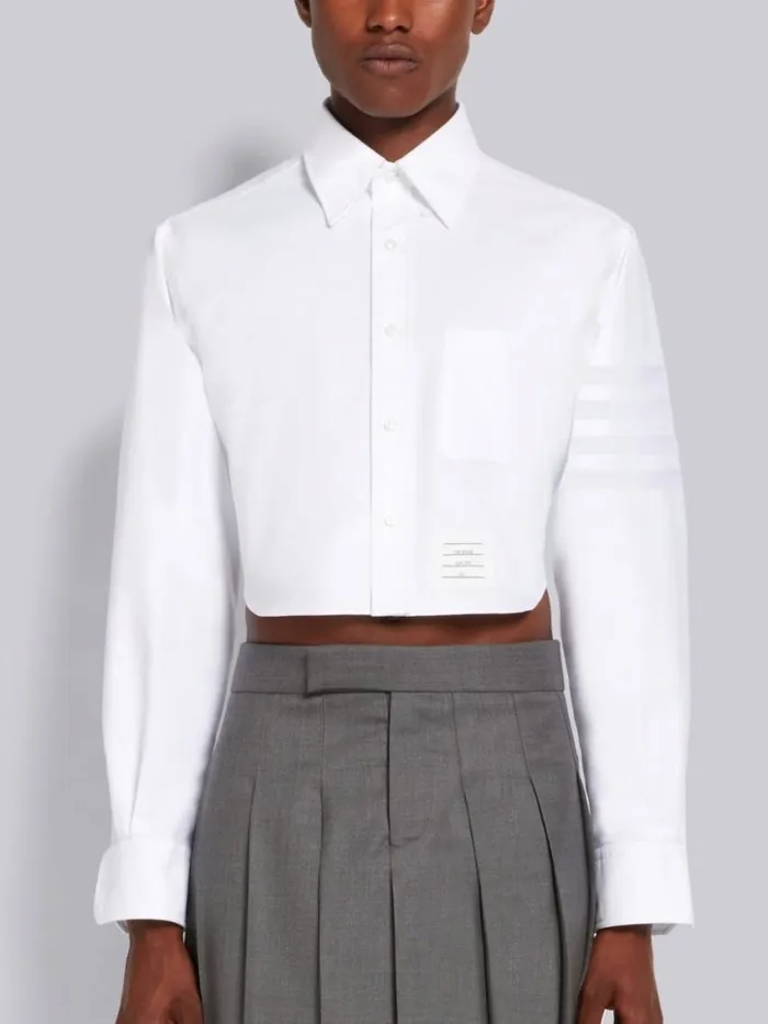 Men Cropped Shirt W Satin Weave 4bar In Oxford White Thom Browne Shirting