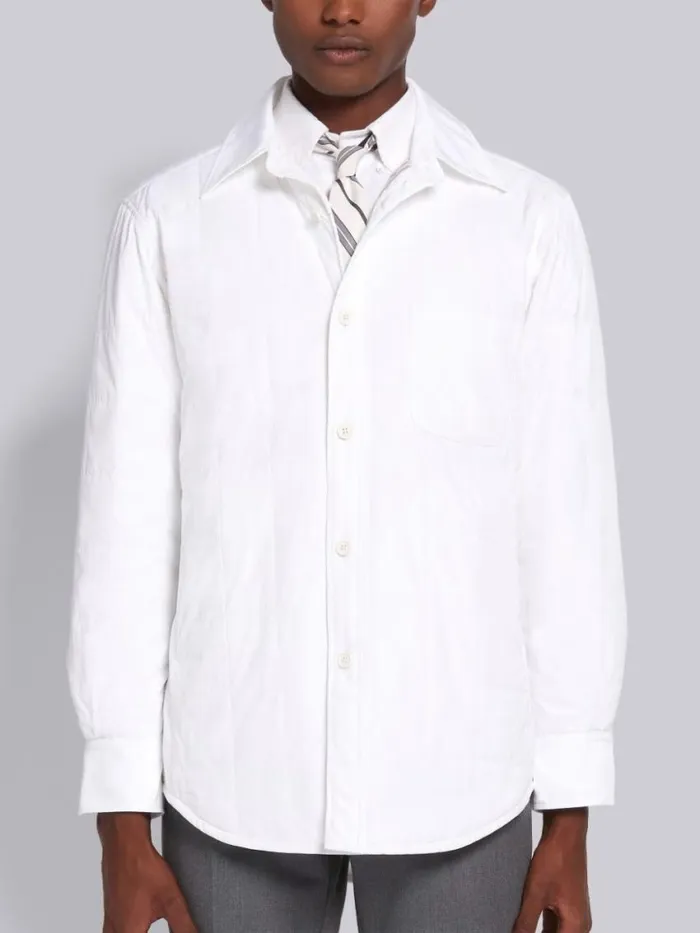 Men Down Filled Poly Twill Upper Center Back Stripe Shirt Jacket White Thom Browne Outerwear Men Down Filled Poly Twill Upper Center Back Stripe Shirt Jacket White Thom Browne Outerwear