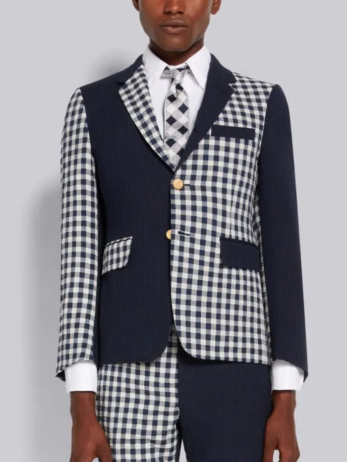 Men Funmix Wool Seersucker Classic Jacket Navy Thom Browne Jackets and Suiting