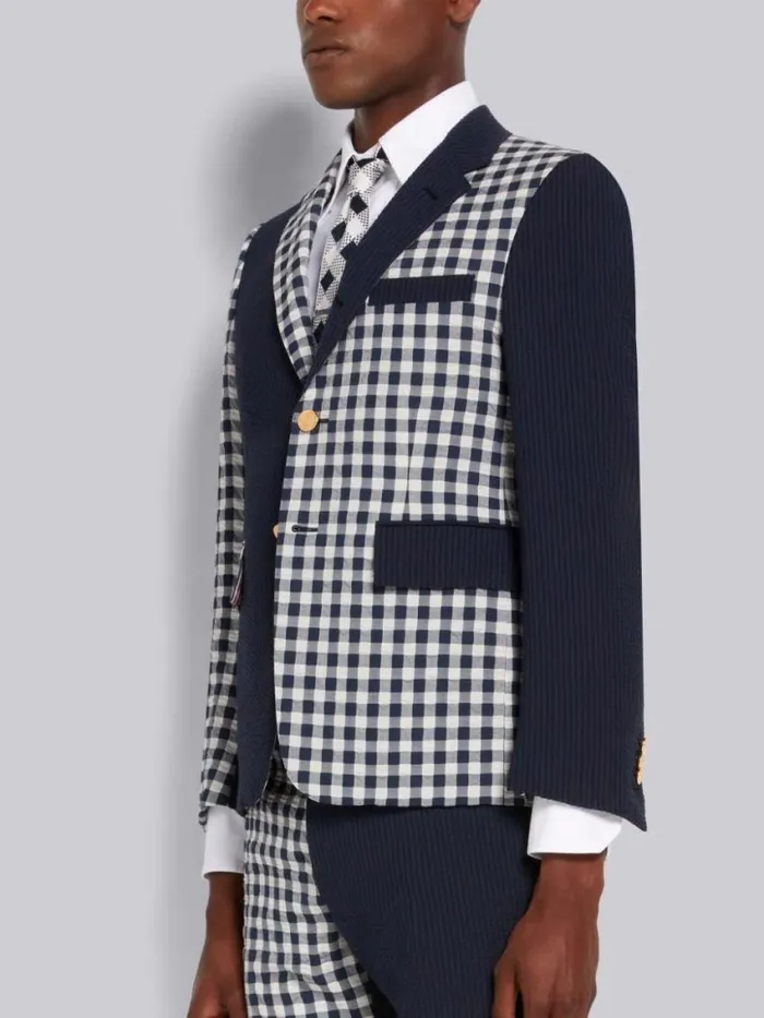 Men Funmix Wool Seersucker Classic Jacket Navy Thom Browne Jackets and Suiting
