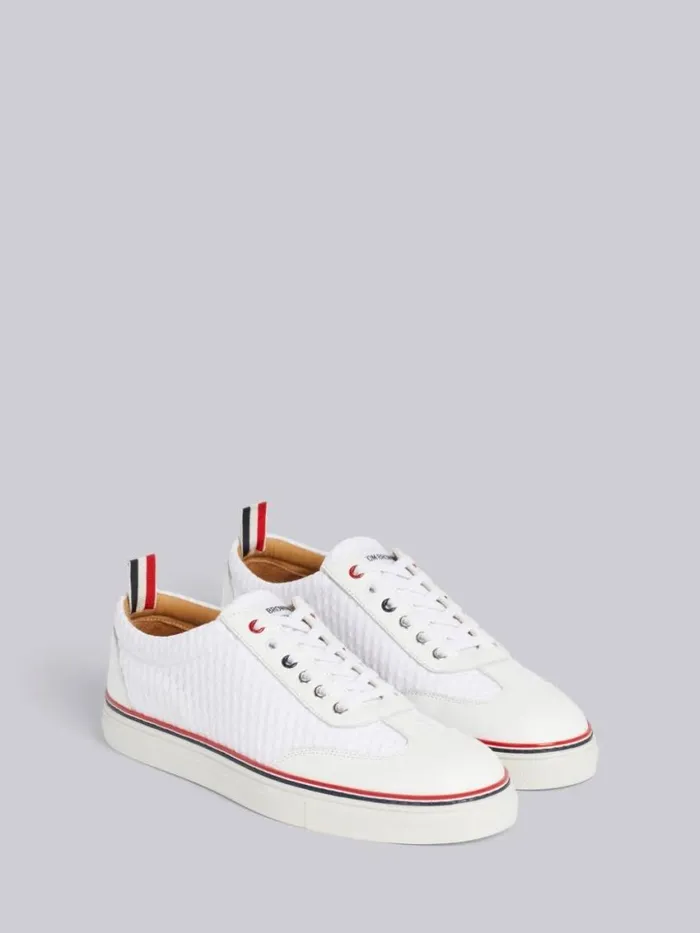 Men Heavy Athletic Mesh Stripe Rubber Cupsole Low Top Trainer White Thom Browne Sneakers