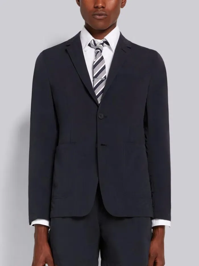 Men High Density Nylon Tech Unconstructed Sack Jacket Navy Thom Browne Jackets and Suiting Men High Density Nylon Tech Unconstructed Sack Jacket Navy Thom Browne Jackets and Suiting