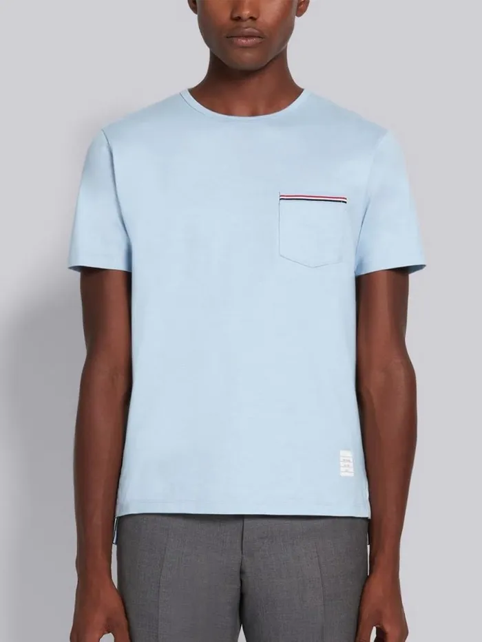 Men Jersey Cotton Striped Chest Pocket Tee Light Blue Thom Browne Tshirts and Polos