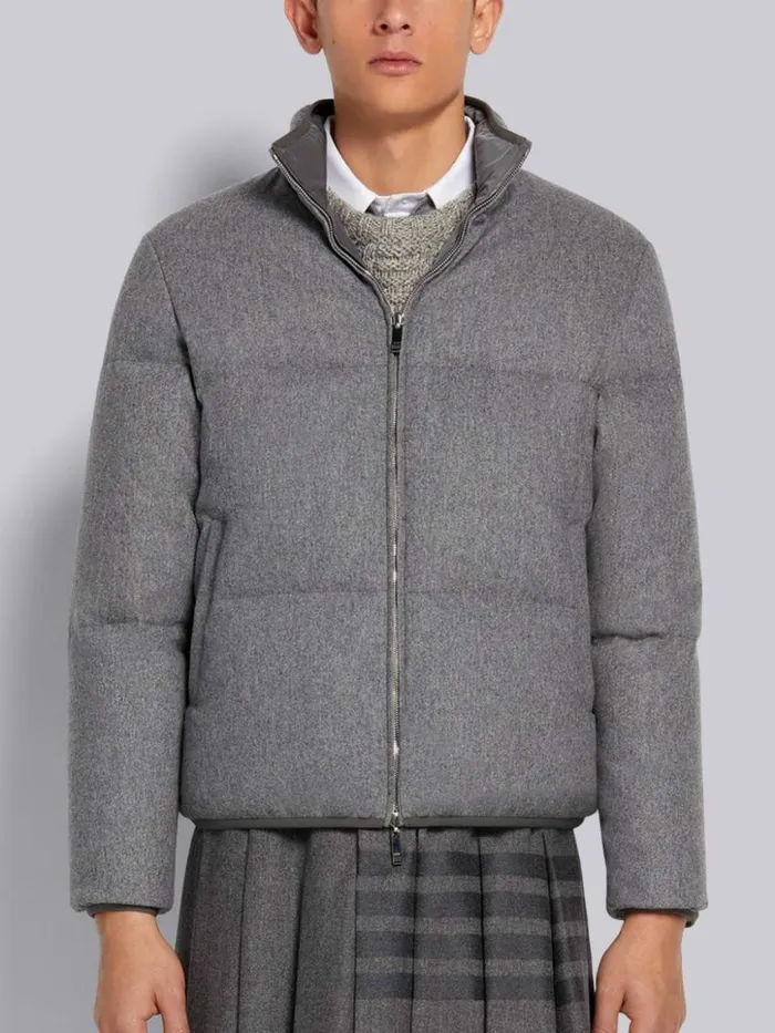 Men Lightweight Boiled Wool Engineered Stripe Reversible Funnel Neck Zipup Jacket Medium Grey Thom Browne Outerwear Men Lightweight Boiled Wool Engineered Stripe Reversible Funnel Neck Zipup Jacket Medium Grey Thom Browne Outerwear
